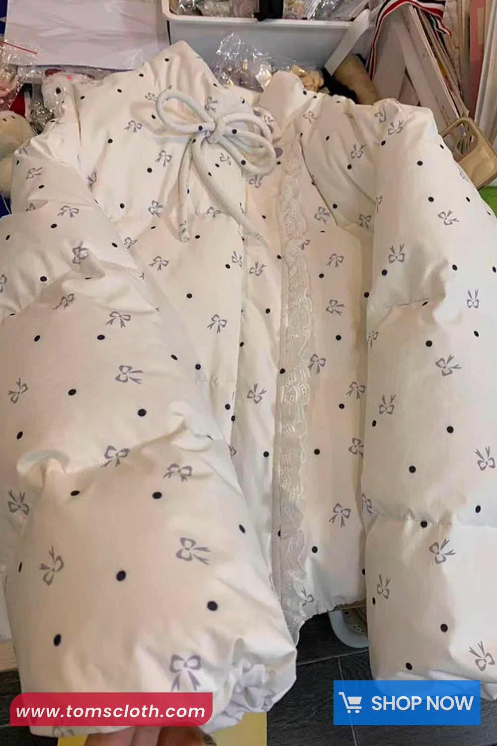 Loose Bow Printing Lace Drawstring Puffer Jacket