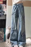 High Waist Cute Bow Pattern Loose Jeans Pants