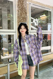 Long Sleeve Retro Purple Colors Plaid Blouse Shirt