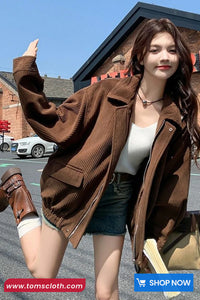 Long Sleeve Corduroy Turn Down Collar Zipper Jacket