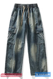 Elastic Waist Flap Pockets Men Denim Pants