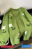 Long Sleeve Cute Floral Embroidered Knitted Green Cardigan Sweater
