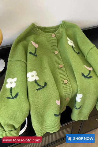 Long Sleeve Cute Floral Embroidered Knitted Green Cardigan Sweater