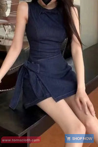 Sleeveless Bow Bandage Denim Dress