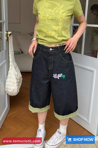 Retro Letter Printed Calf Length Plaid Jeans Pants