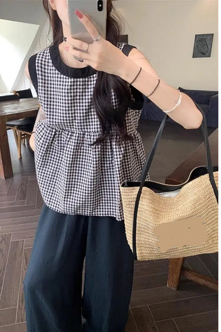 Loose Sleeveless Plaid Casual Blouse Shirt