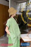Short Sleeve Retro Green Striped O-Neck Blouse Shirt