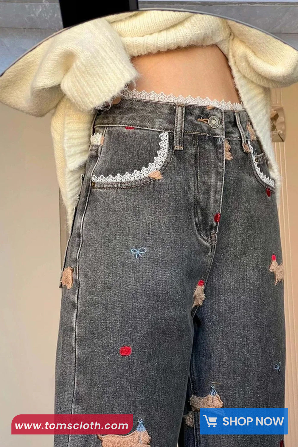 High Waist Lace Patchwork Cute Puppy Embroidered Jeans Pants