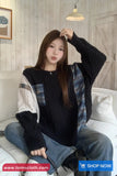 Long Sleeve Plaid Patchwork Knitted Black Sweater