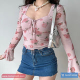 Flare Sleeve Rose Flower Pattern Pink Mesh Shirts