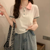 Short Sleeve Cute Colors Combination Collar Shirt