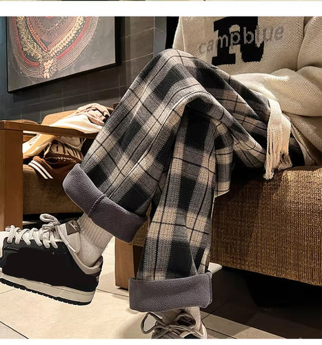 Loose Retro Fleece Plaid Long Pants