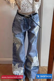 High Waist Lace Bird Embroidered Retro Jeans Pants