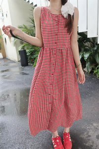 Sleeveless Red Plaid Elegant Long Dress