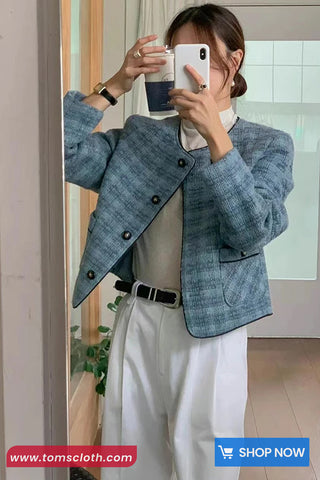 Long Sleeve Vintage Plaid Winter Tweed Jacket