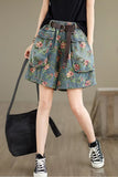 Double Pockets Cute Floral Pattern Denim Shorts