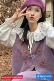 Sleeveless Floral Embroidered Vest Corduroy Purple Sweater