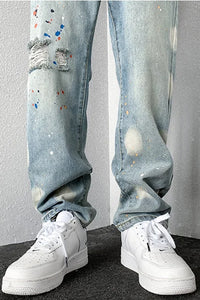 Splashed Ink Ripped Long Jeans Pants