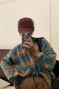 Long Sleeve Retro Pattern Cardigan Sweater