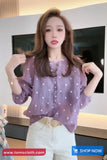 Long Sleeve Polka Dots Pattern Purple Chiffon Blouse Shirt