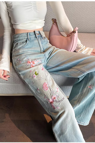 Vintage Flower Embroidered Long Jeans Pants