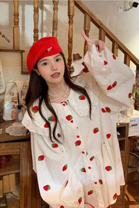 Long Sleeve Strawberry Printed With Peter Pan Collar Dress