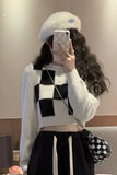Long Sleeve Chess Plaid Pattern Cropped Sweater