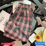 Elastic Waist Retro Pink Grey Plaid Pants