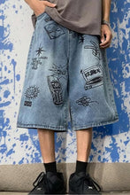 Loose 90s Theme Pattern Knee Length Denim Shorts