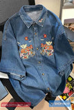 Casual Cute Bear Embroidered Loose Denim Blouse Shirt