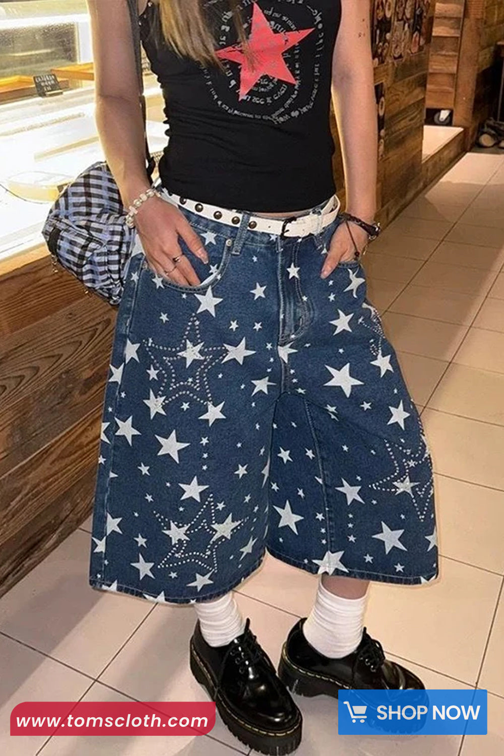 Loose Full Stars Pattern Knee Length Blue Jeans Pants