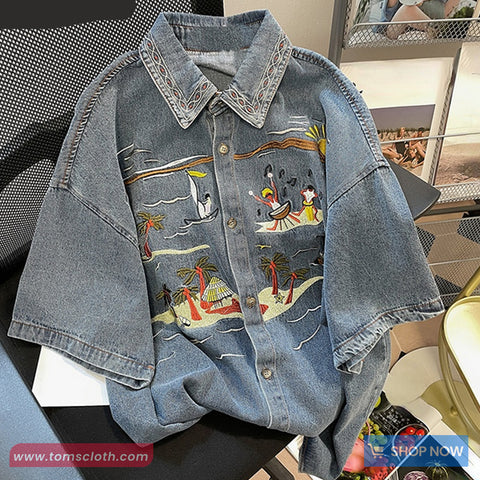 Short Sleeve Beach Pattern Denim Blouse Shirt