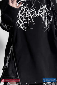 Long Sleeve Gothic Metal Printed Side Zipper Off Shoulder Shirt