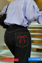 Vintage Bowknot Embroidery Black Jeans Pants