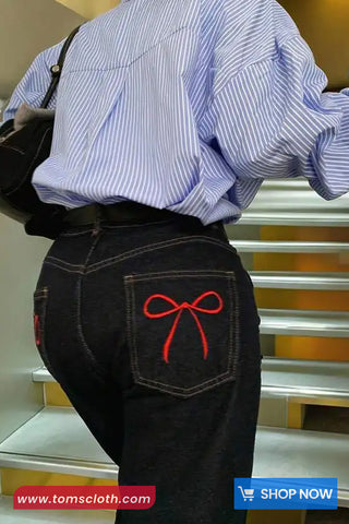 Vintage Bowknot Embroidery Black Jeans Pants