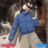 Casual Cute Plaid Cropped Parkas Jacket