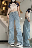 High Waist Stars Side Embroidered Jeans Pants