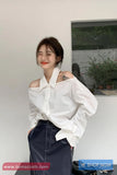 Long Sleeve Off Shoulder Turn Down Collar Blouse Shirt