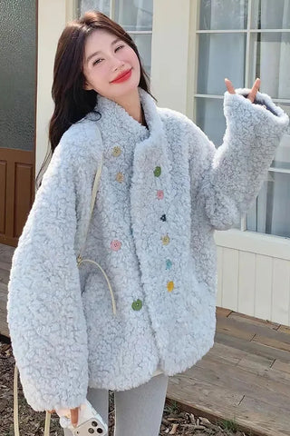 faux lamb jacket women, blue winter jacket women, colorful button jacket, cozy winter coat women, korean style jacket, aesthetic winter outfit, soft girl fashion jacket, warm stylish coat women
