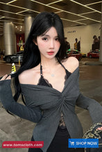 Long Sleeve Sexy V-Neck Off Shoulder Lace Patchwork Crop Tops