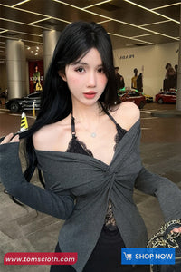 Long Sleeve Sexy V-Neck Off Shoulder Lace Patchwork Crop Tops