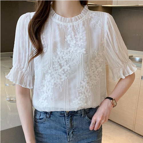 Floral Embroidered Chiffon Lace Shirt