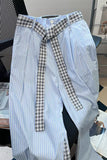 High Waist Plaid Belted Elegant Striped Loose Pants