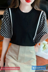 Short Sleeve Striped Contrast Color O-Neck Shirts