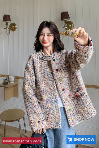 Loose Retro Sweet Colors O-Neck Tweed Jacket