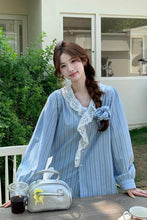 Long Sleeve Lace Neck Striped Blouse Shirts