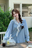 Long Sleeve Lace Neck Striped Blouse Shirts