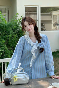 Long Sleeve Lace Neck Striped Blouse Shirts