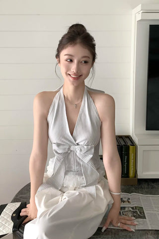 Sexy Cute Bow Striped Backless Summer Crop Tops
