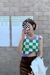 Colorful Plaid Pattern Knitted Crop Tops